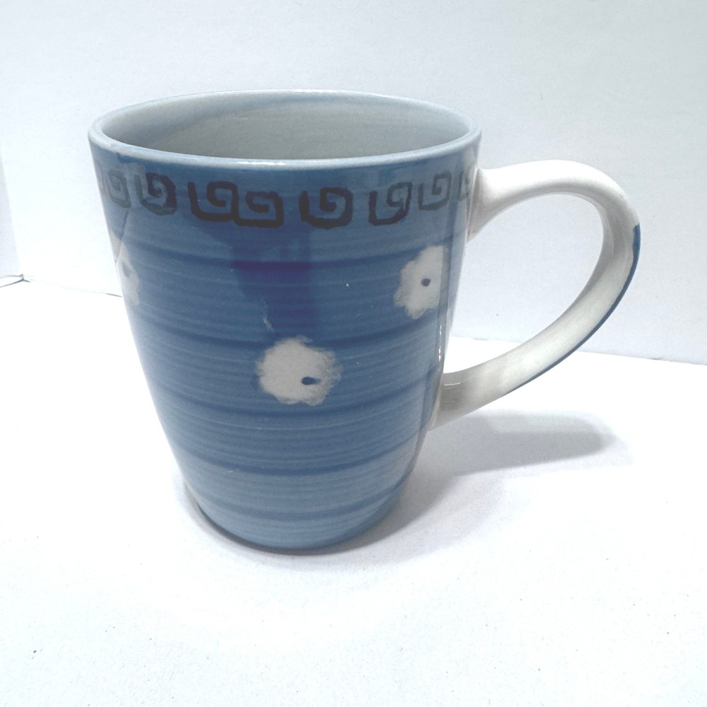 Royal Norfolk Mug Blue White Floral‎ Greek Key Stoneware Coffee Cup Boho Coastal
